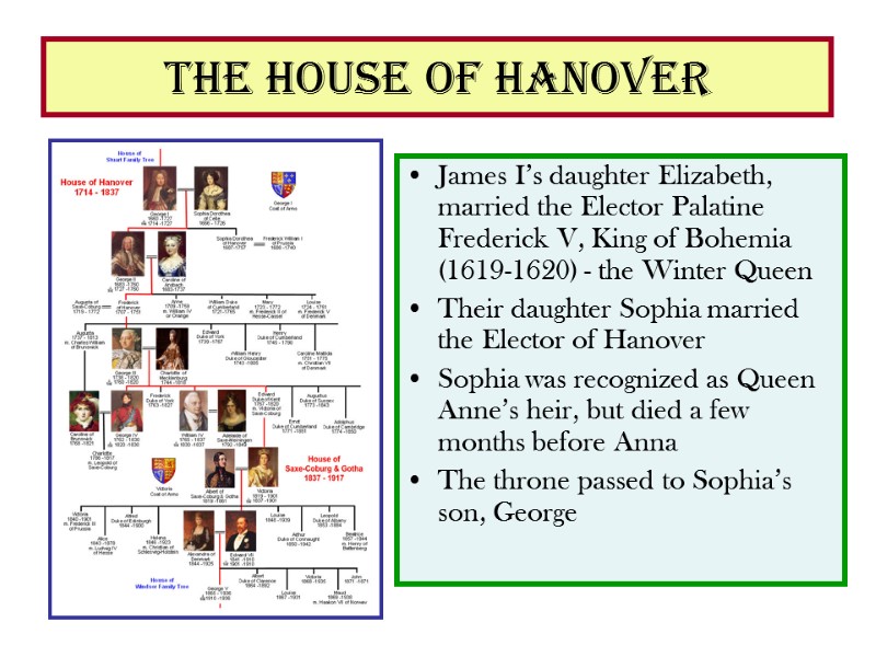 The House of Hanover James I’s daughter Elizabeth, married the Elector Palatine Frederick V,